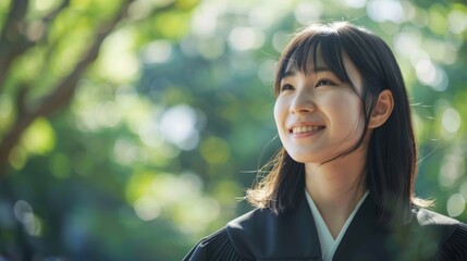 A young woman in a graduation gown smiles brightly amidst a lush, sunlit garden, evoking a sense of joy, achievement, and new beginnings.