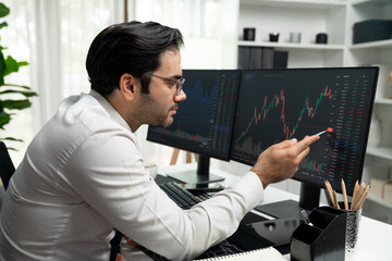 Smart trader businessman analyzing in two dynamic stock exchange investment screen on pc with...