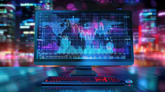 Computer Monitor Displaying Financial Charts and Data in a Cityscape Background - Powered by Adobe