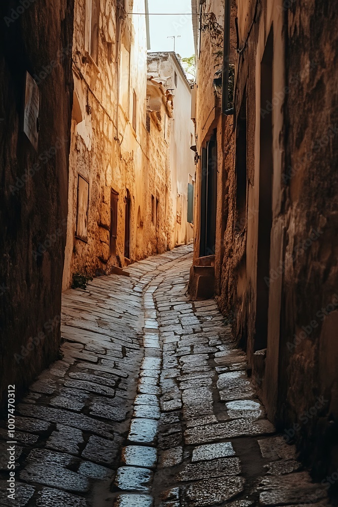 Sticker Cobblestone alleyway with old buildings in a European city