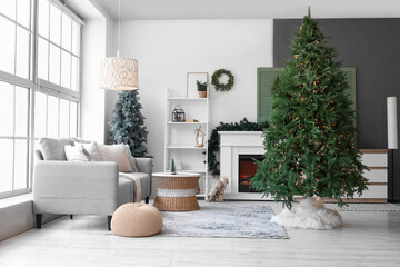 Interior of modern living room with grey sofa, Christmas trees and festive decorations