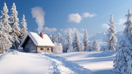 A cozy wooden cabin nestled within a snowy forest, surrounded by snow-laden trees under a bright blue sky, evokes warmth and tranquility amidst the winter landscape.