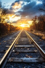Fototapeta premium Railroad Tracks Leading to a Beautiful Sunset