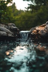 Small waterfall flowing over rocks into a still pond