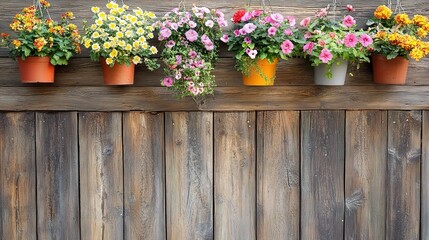 Colorful Flower Pots on a Rustic Wooden Wall