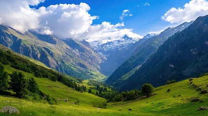 Fototapeta premium Amazing landscape of a vast mountain area with breathtaking views of towering peaks, rolling hills, and serene natural beauty. Perfect for nature photography, outdoor adventure concepts, 