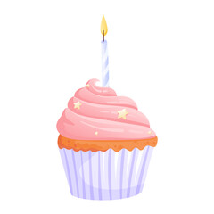 Festive pink cupcake with topper and birthday candles, in flat vector style, isolated on white background. Vector festive sweet desserts for a birthday or small celebration