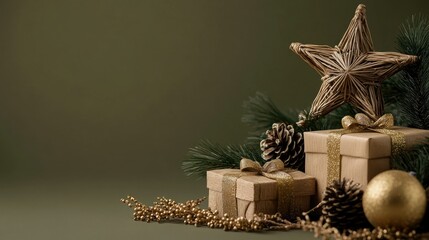 Elegant gift boxes with golden ribbons, pinecones, and wicker star on green background for a festive holiday theme christmas and new year gifts