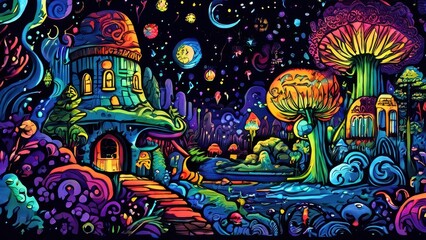 A vibrant, surreal landscape featuring whimsical architecture and colorful flora under a starry sky.