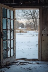 Open door leading to snowy winter landscape