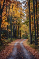 Autumn forest path with golden leaves and sunlight through trees