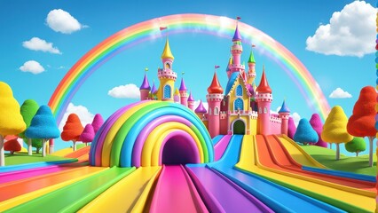 Fototapeta premium A vibrant, whimsical castle with rainbow slides and clouds, evoking a playful fantasy world.