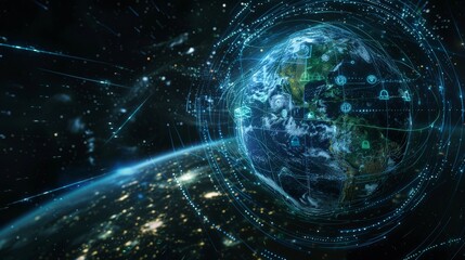 Planet earth enclosed in a transparent digital shield with holographic lock icons for cybersecurity
