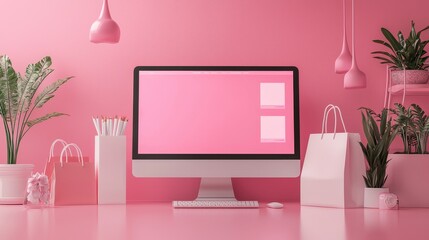 Minimalist pink desk setup with computer, plants, and decorative items