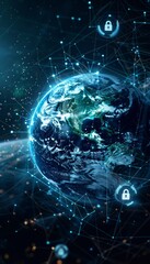 Obraz premium Planet earth enveloped in a digital shield with holographic locks symbolizing cybersecurity in space