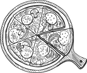 Pizza engraving. Menu illustration for sliced pie meal