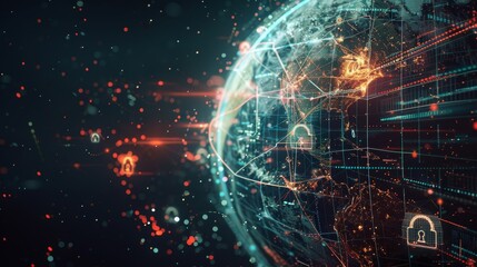 Planet earth enveloped in a transparent digital shield with holographic security icons in space