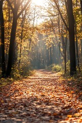 Obraz premium Sunrays shining through trees on a path in the forest, autumn leaves on ground