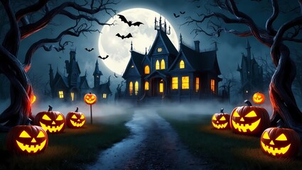 Dark Halloween Scene with Bats, Haunted Houses, and Glowing Pumpkins