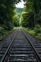Fototapeta premium Train Tracks Through Lush Green Forest, Railroad Through Nature, Journey, Adventure, Travel