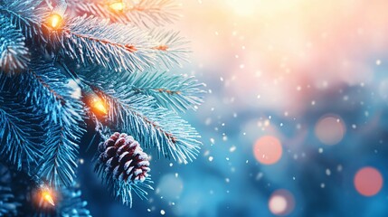 Fototapeta premium A Snowy Pine Branch with Lights and a Pinecone
