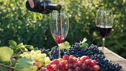 Stunning view of pouring red wine into glass goblet with fresh grape bunch background, sun light breaks through vineyard. 