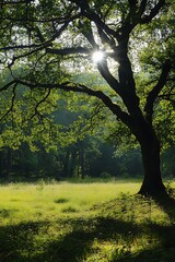 Obraz premium Sun shining through leaves of large tree in lush green meadow