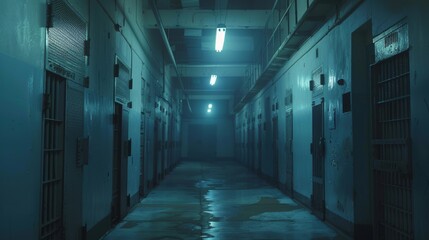 Obraz premium Stark interior of a prison corridor with illuminated cells capturing confinement and intensity