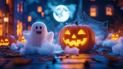 Halloween decorations with pumpkins and ghosts at night