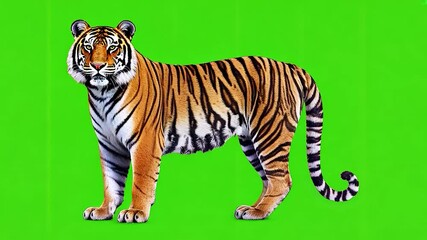 Tiger standing alert on chroma key green background for scene manipulation