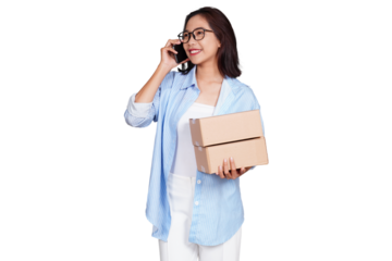 Asian woman holding boxed package while using phone isolated transparent