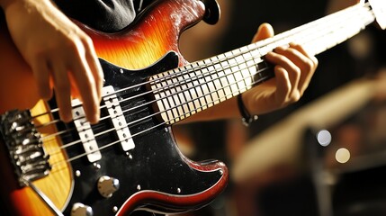 Obraz premium A sleek and stylish bass guitar resting on a vibrant backdrop, showcasing its beautiful craftsmanship and design. The instrument features a glossy finish and intricate details