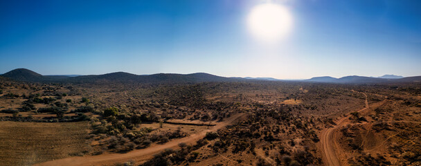 aerial view african landscape , typical Southern african rural area with hills and dry bush with...