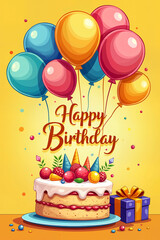 Holiday card. Colorful birthday cake with balloons and candles, set against a yellow background with the text Happy Birthday displayed.