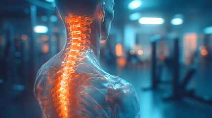 X-ray of an athlete's spine showing cartilage damage or disease exacerbation, taken in a modern gym. The athlete stands near defocused gym equipment, with bright medical lighting enhancing image 