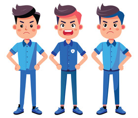 Set of young handsome man wearing blue shirt and jeans showing negative emotions with different gestures. Upset, dislike, angry, refused isolated vector illustration.