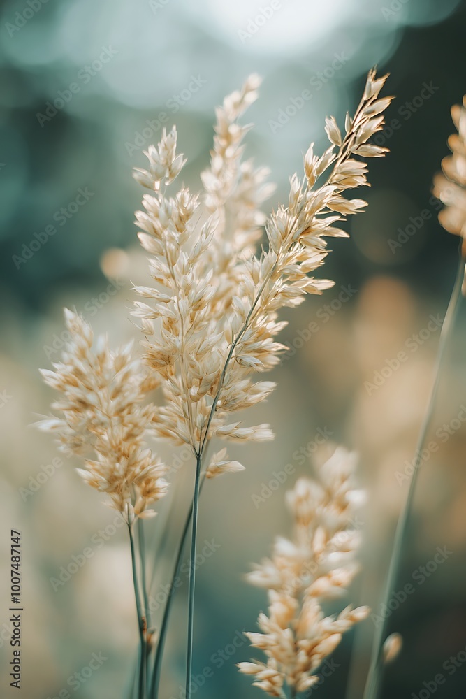 Wall mural Close up of delicate light brown grass with blurred green background, nature, meadow, summer