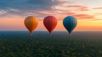 Fototapeta premium Hot air balloon at sunset over beautiful Amazon Rainforest, Brazil