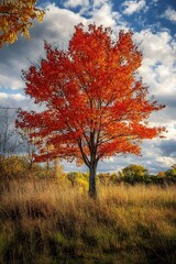 Single Red Maple Tree in Autumn with Blue Sky and Clouds