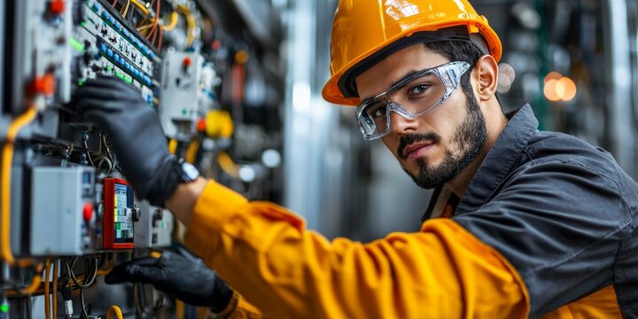 A chemical engineer working with industrial equipment, monitoring the control panel for a chemical process, factory backdrop