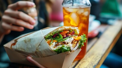 Enjoying a fresh wrap and iced beverage at a bustling outdoor café in mid-afternoon sunlight
