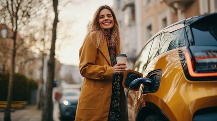 Cheerful woman charging her electric car, holding a coffee cup and standing next to the vehicle at a station