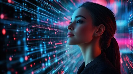 Businesswoman with a futuristic digital background of neon lines and abstract tech designs, looking confident and composed