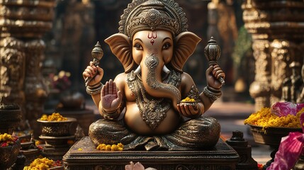 Beautifully crafted Ganesha idol, adorned with offerings in a temple
