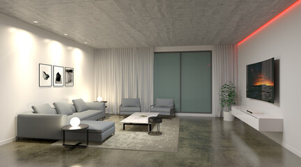 The image shows a modern, minimalist living room with sleek furniture, including a large sectional sofa, two armchairs, and a marble coffee table. The space features a concrete ceiling, soft ligting