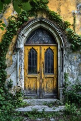 Obraz premium Old, yellow double doors with stained glass windows in an archway of a stone wall with ivy growing around it. The door is the only opening in the wall and provides an invitation to step inside.