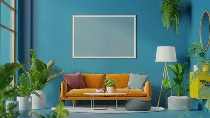 Yellow Sofa and Plants in a Blue Room with a Framed Blank Canvas