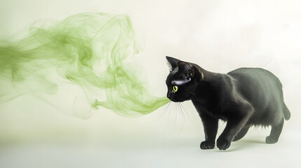A Cute Black Cat Playfully Pouncing with Swirling Green Smoke on a Bright Grey Background