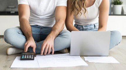 Fototapeta premium A couple sitting together at home, reviewing their tax paperwork, with a calculator and laptop, demonstrating diligence and teamwork in managing their financial responsibilities
