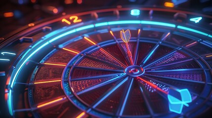 Close-up of a Neon-lit Dartboard with a Dart in the Center